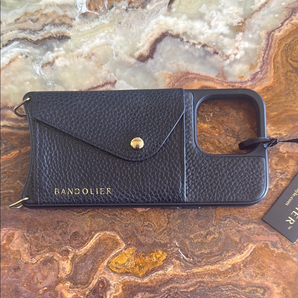 Bandolier Black Leather iPhone 13 Pro Case with gold accents